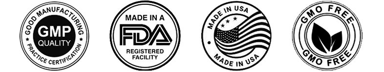GMP certified, FDA registered facility, Made in USA with foreign and domestic ingredients, GMO-Free