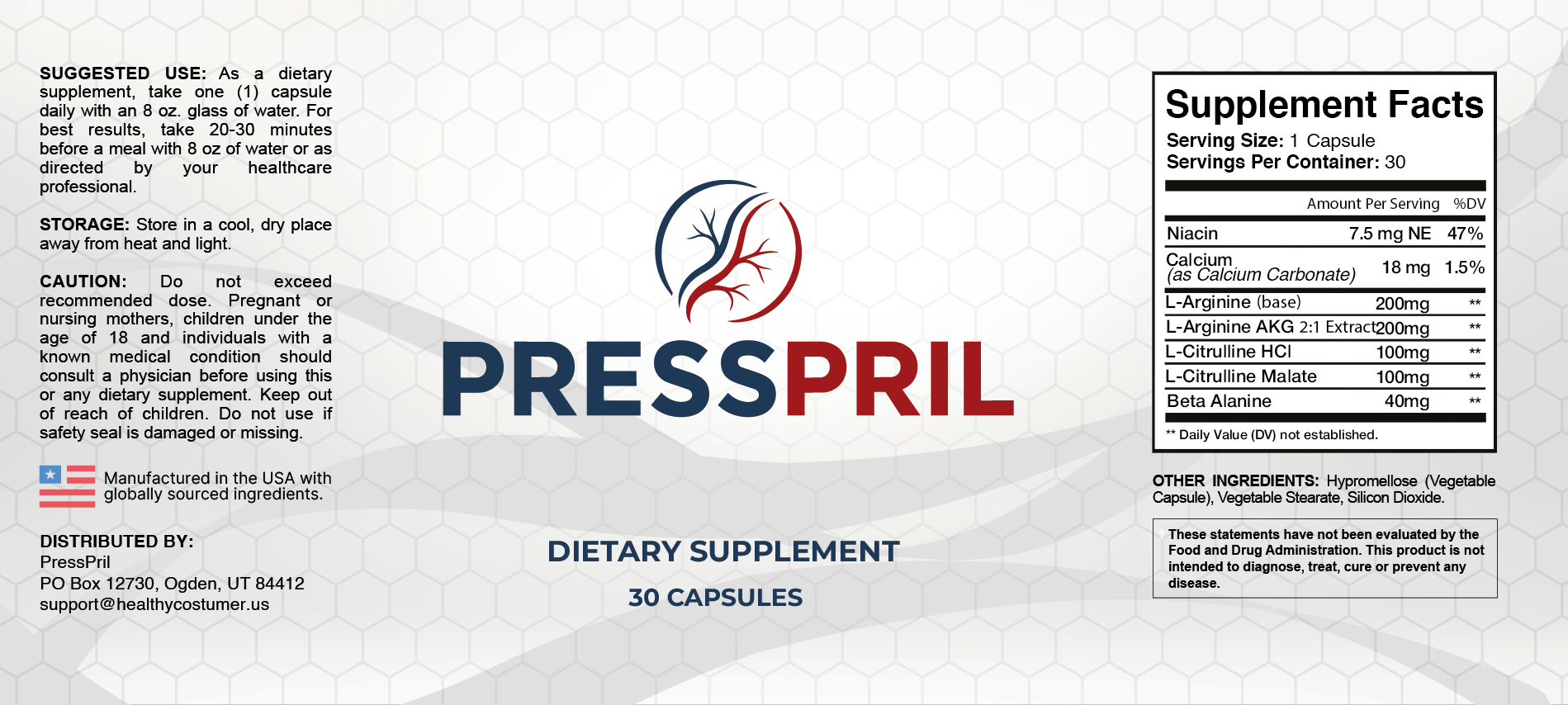 PressPril product label with Supplement Facts